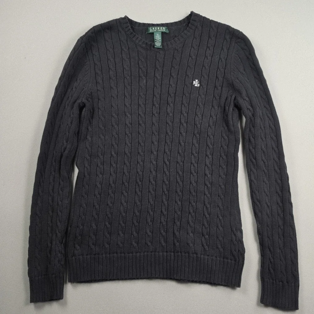 Lauren Ralph Lauren Cable Knit Sweater Womens XS Black Crewneck Cotton Pullover